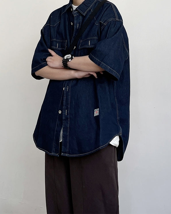 Vintage Work Dark Denim Short Sleeve Shirt N0783