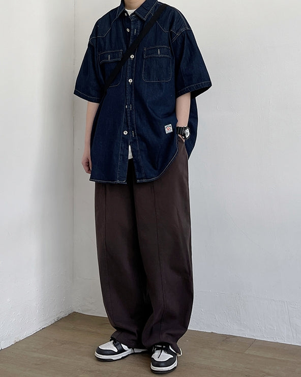 Vintage Work Dark Denim Short Sleeve Shirt N0783