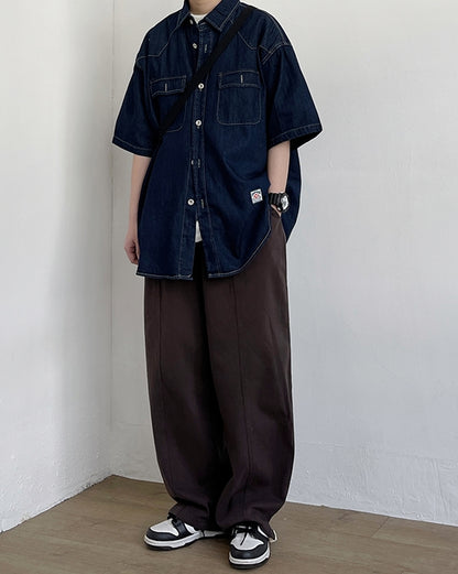 Vintage Work Dark Denim Short Sleeve Shirt N0783