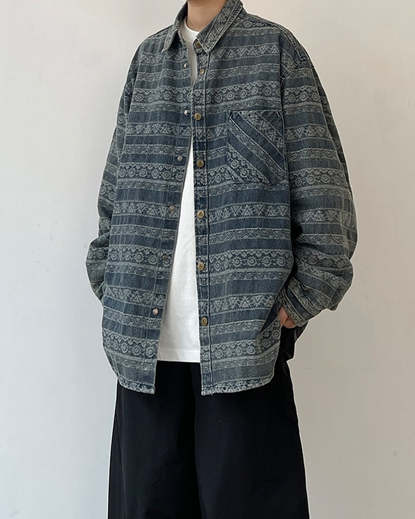 Tribal Design Relaxed Silhouette Long Sleeve Shirt N0652