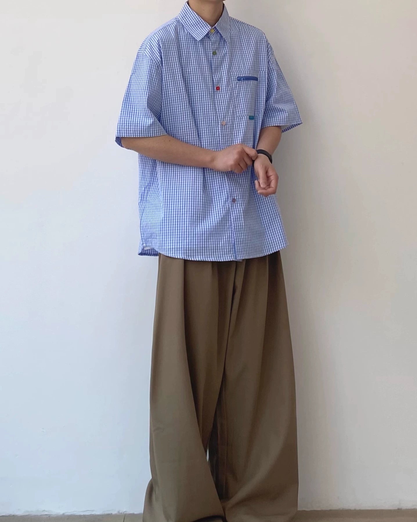 Color Button Accent Check Shirt N0821