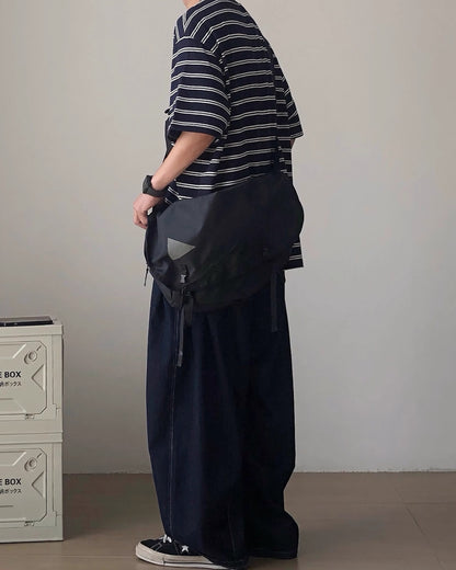 Henley Collar Striped Thick Short Sleeve T-shirt N0834