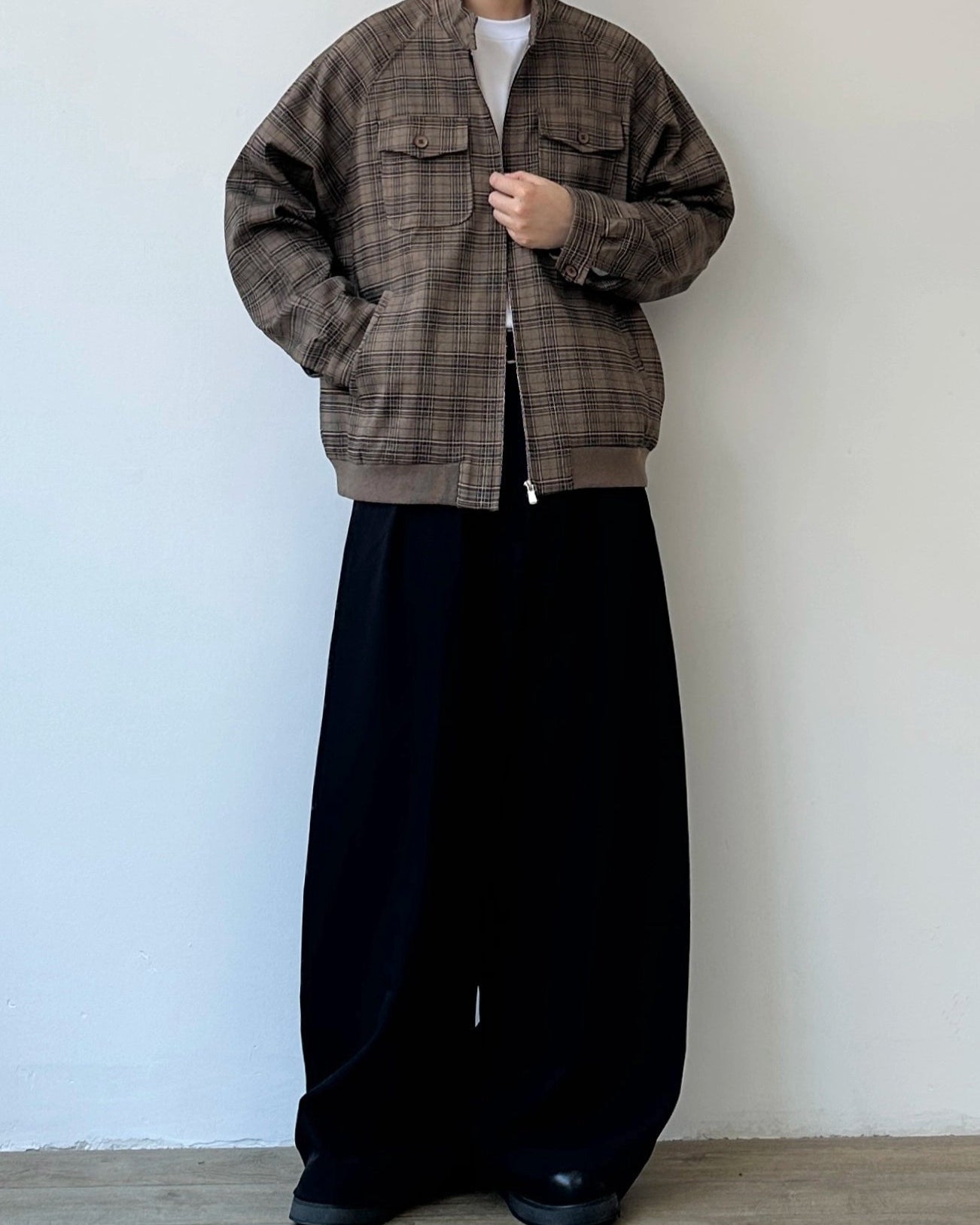 Brown Check Band Collar Blouson N0901