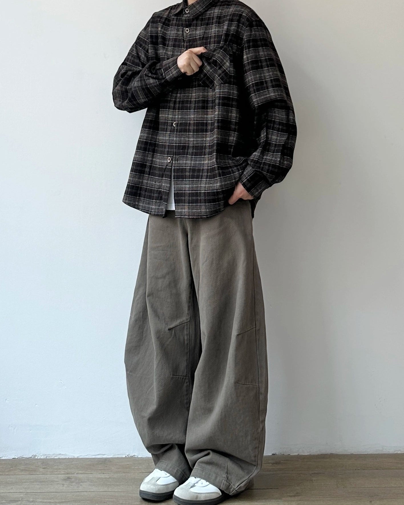 Dark Check Oversized Long Sleeve Shirt N0919