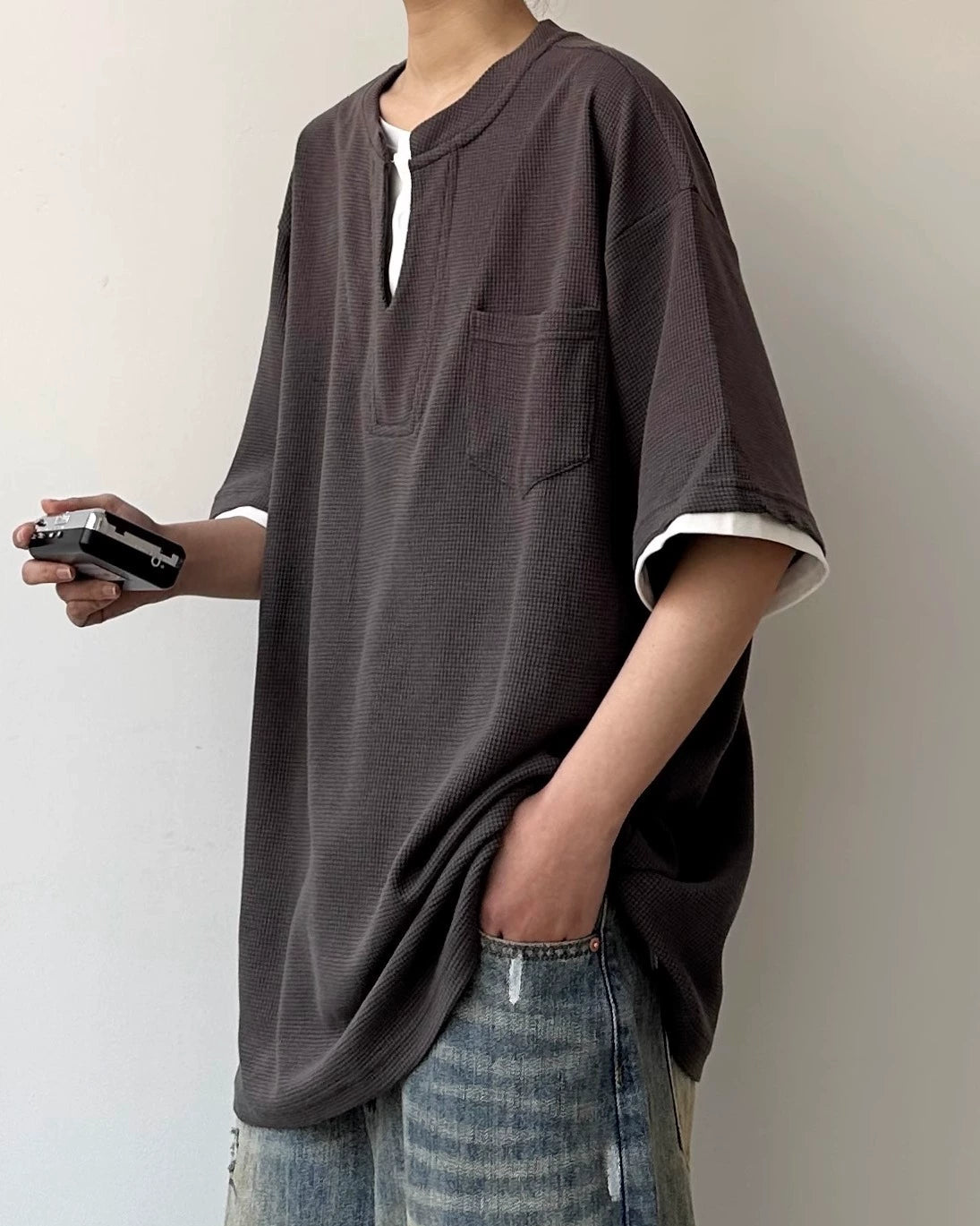 Waffle Layered Henley Short Sleeve T-Shirt N0803