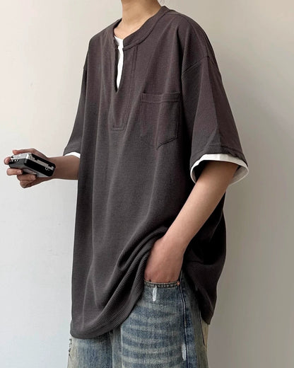 Waffle Layered Henley Short Sleeve T-Shirt N0803