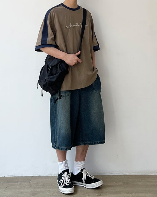 Two-Tone Sleeve Logo Print Short Sleeve T-Shirt N0757