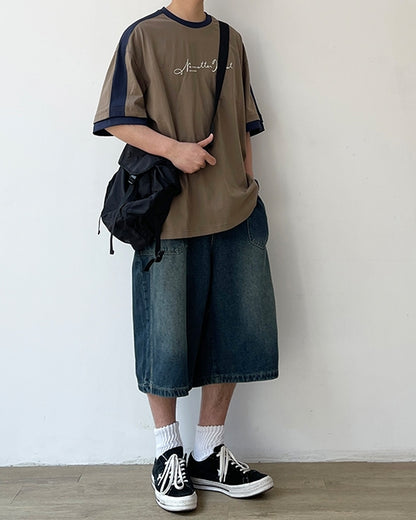 Two-Tone Sleeve Logo Print Short Sleeve T-Shirt N0757