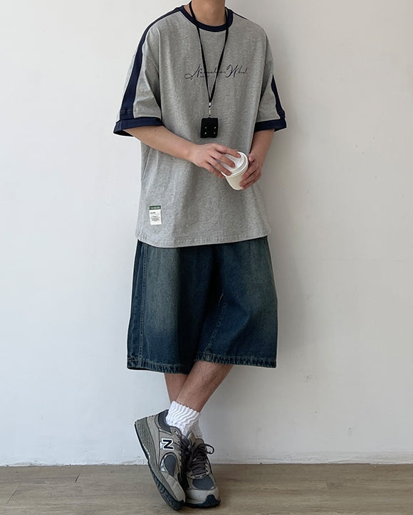 Two-Tone Sleeve Logo Print Short Sleeve T-Shirt N0757