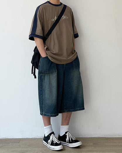 Two-Tone Sleeve Logo Print Short Sleeve T-Shirt N0757