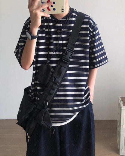 Henley Collar Striped Thick Short Sleeve T-shirt N0834