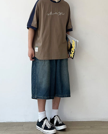 Two-Tone Sleeve Logo Print Short Sleeve T-Shirt N0757