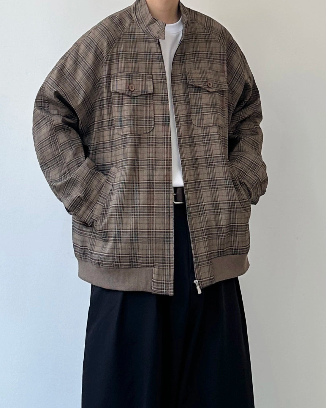 Brown Check Band Collar Blouson N0901