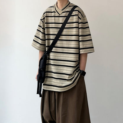 Border V-Neck Half Sleeve Top N1085