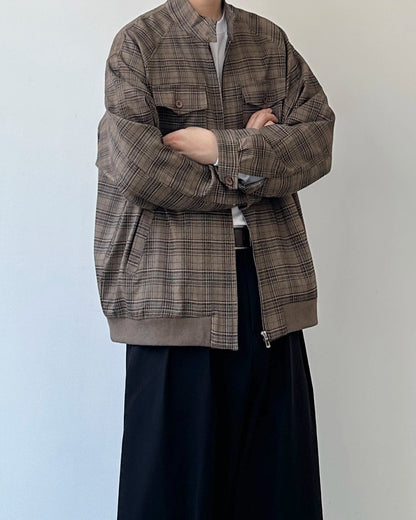 Brown Check Band Collar Blouson N0901
