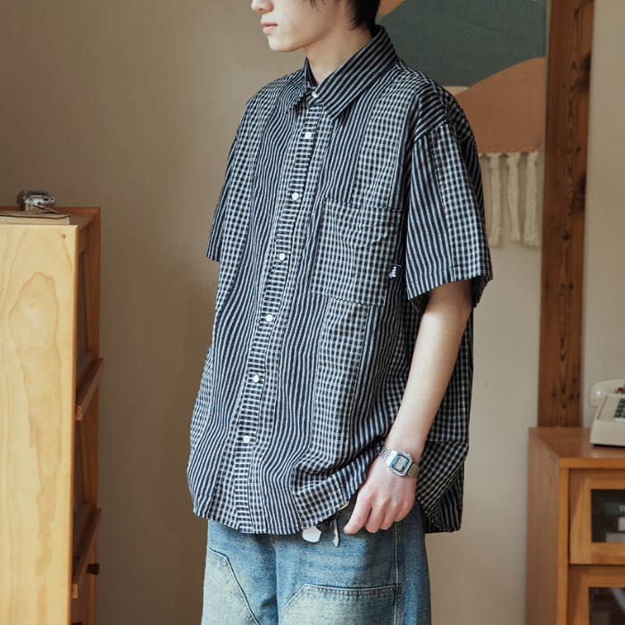 Striped Plaid Short-sleeved Shirt N0224