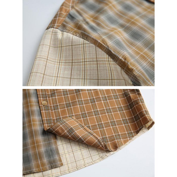 Contrast Color Plaid Long-sleeve Shirt N0534