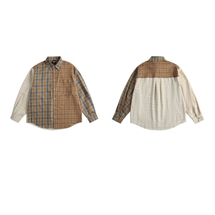 Contrast Color Plaid Long-sleeve Shirt N0534