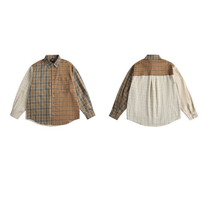 Contrast Color Plaid Long-sleeve Shirt N0534