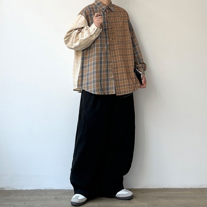 Contrast Color Plaid Long-sleeve Shirt N0534