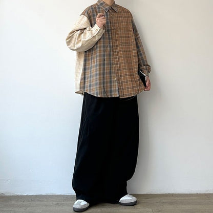 Contrast Color Plaid Long-sleeve Shirt N0534