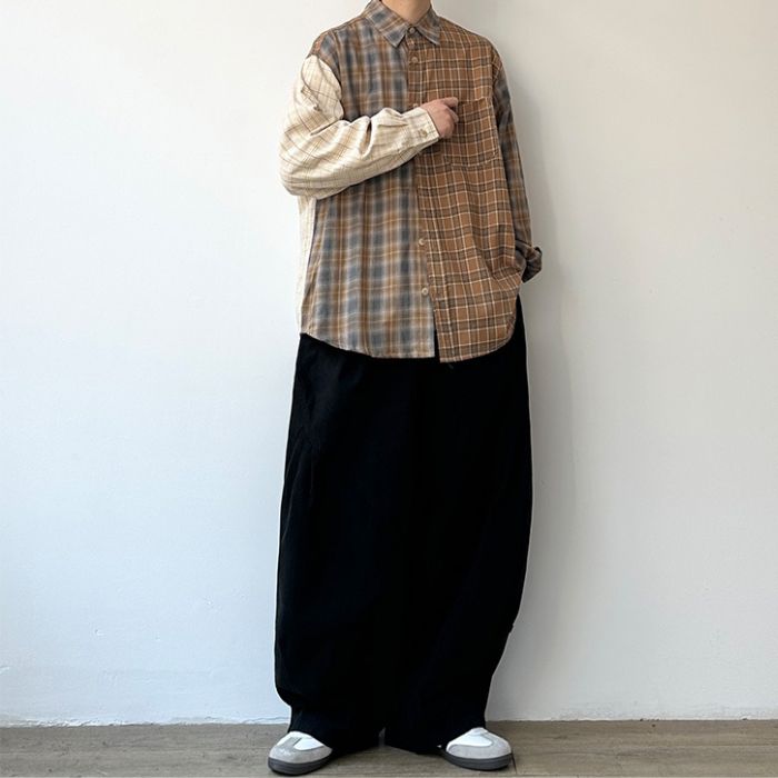 Contrast Color Plaid Long-sleeve Shirt N0534