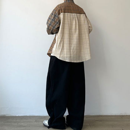 Contrast Color Plaid Long-sleeve Shirt N0534