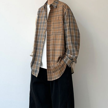 Contrast Color Plaid Long-sleeve Shirt N0534