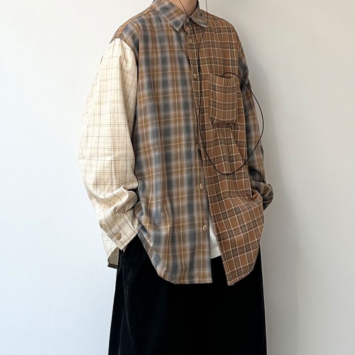 Contrast Color Plaid Long-sleeve Shirt N0534