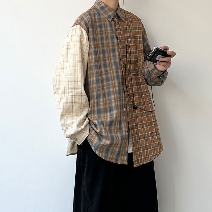 Contrast Color Plaid Long-sleeve Shirt N0534