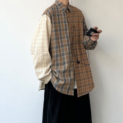 Contrast Color Plaid Long-sleeve Shirt N0534