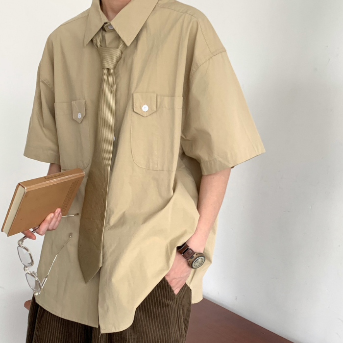 Pocket Soild Color Loose Short-sleeved Shirt N0350