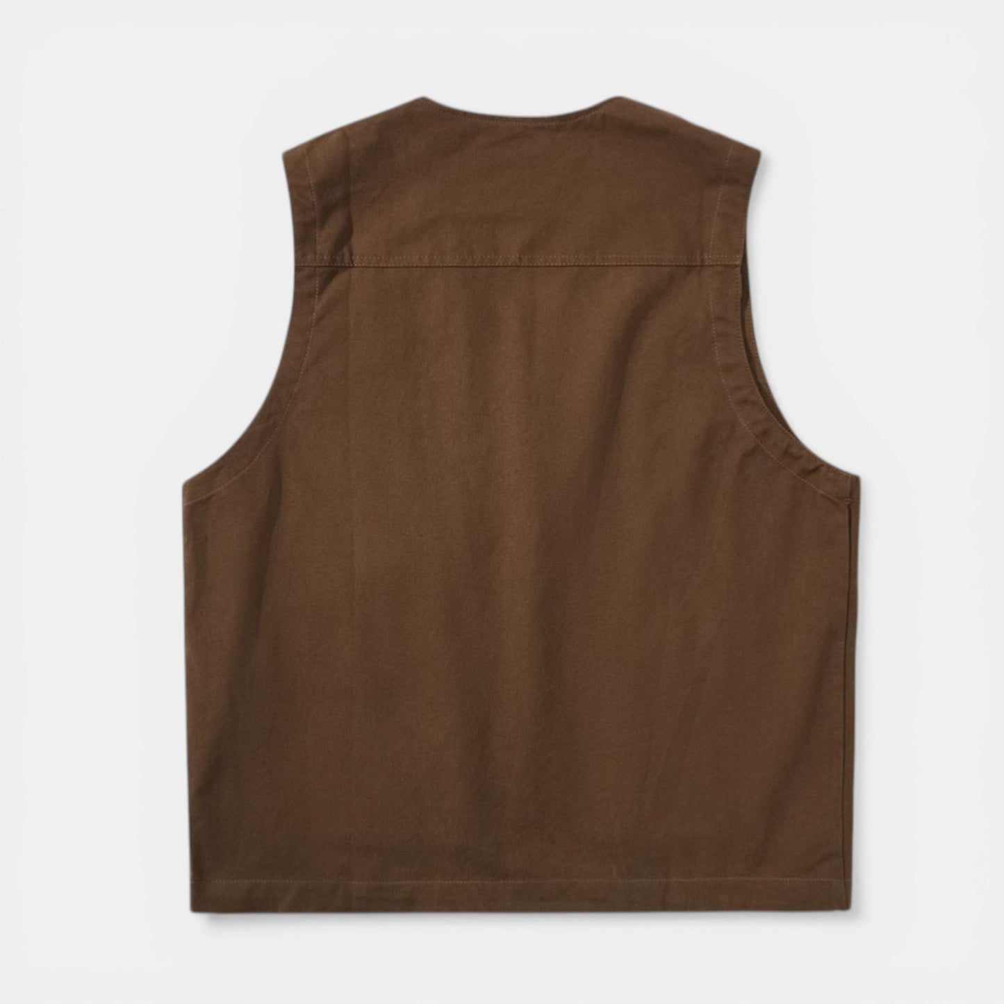 NOSTALICA brown cotton multi-pocket work vest with zip front and V-neck. Ideal for utility and casual wear.