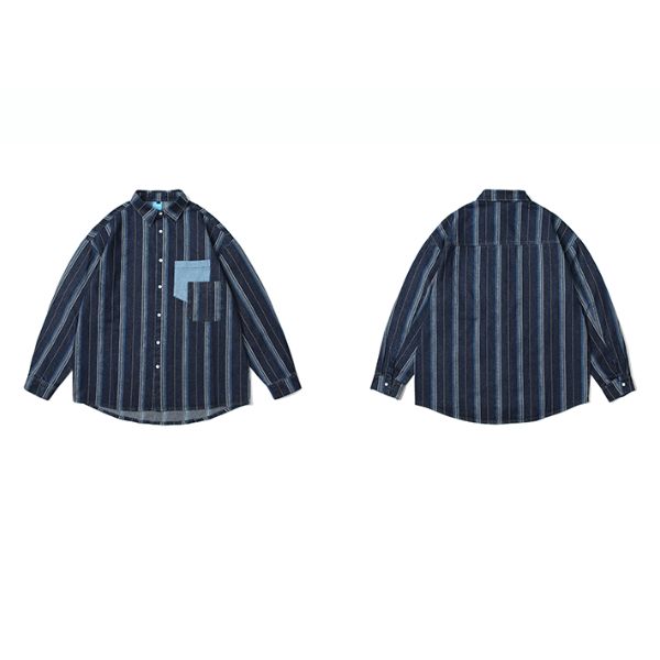 Striped Splicing Long-Sleeved Pockets Shirt N0033