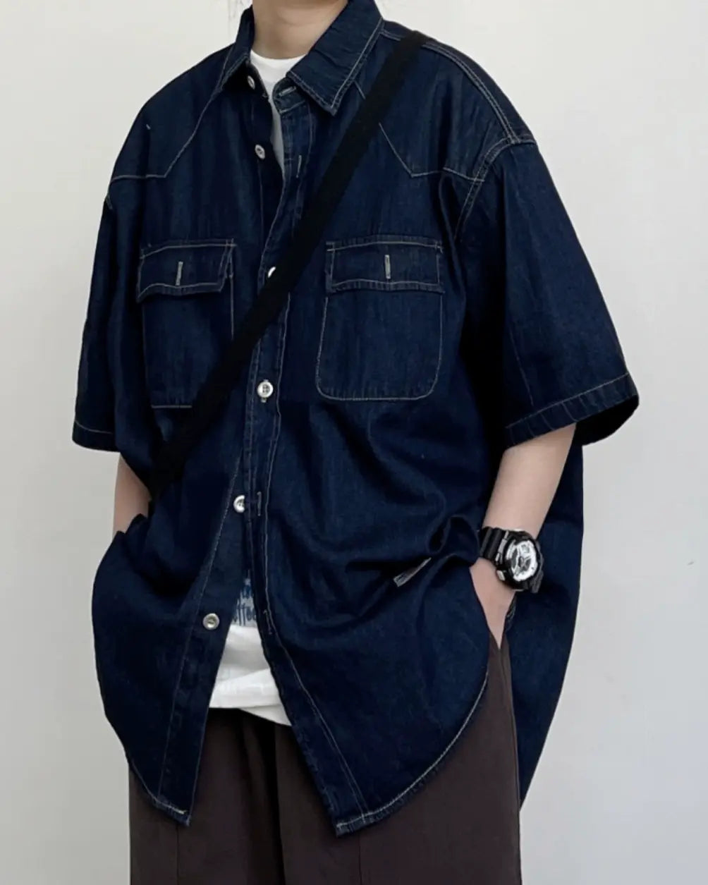 Vintage Work Dark Denim Short Sleeve Shirt N0783