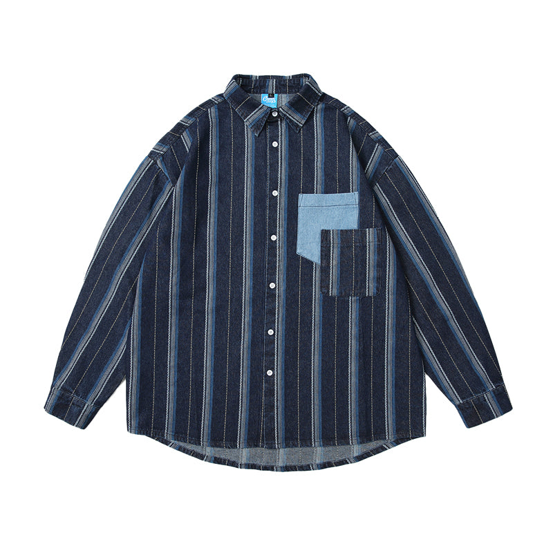 Striped Splicing Long-Sleeved Pockets Shirt N0033