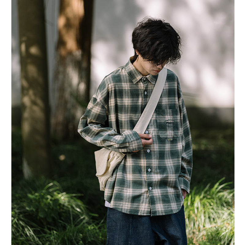 Long-Sleeved Corduroy Plaid Shirt N0024